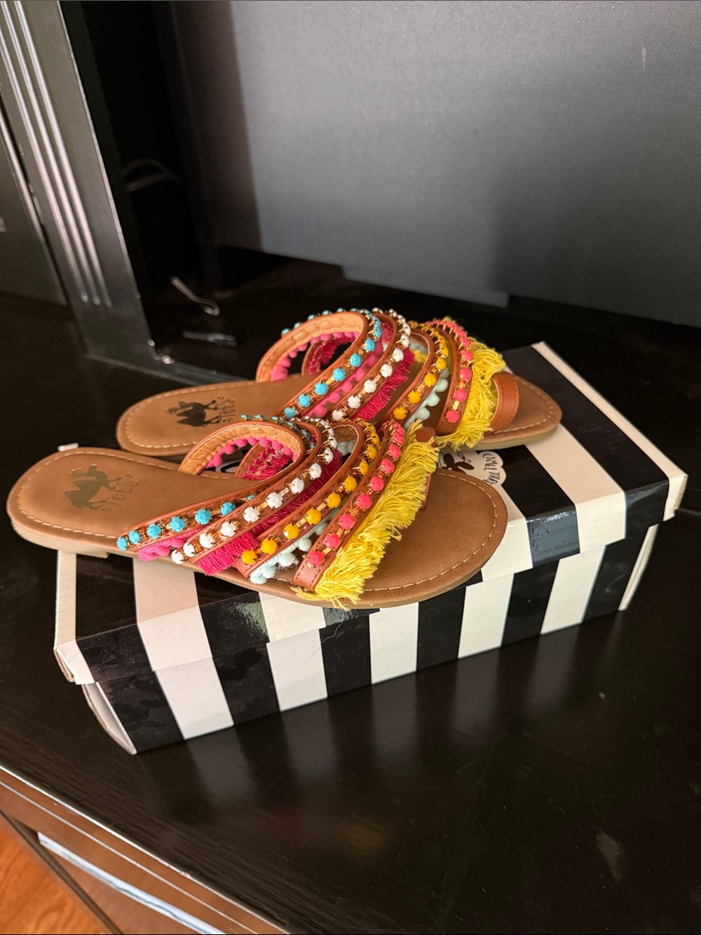 Colorful Fringe Slide Sandals in Pink & Yellow - Women